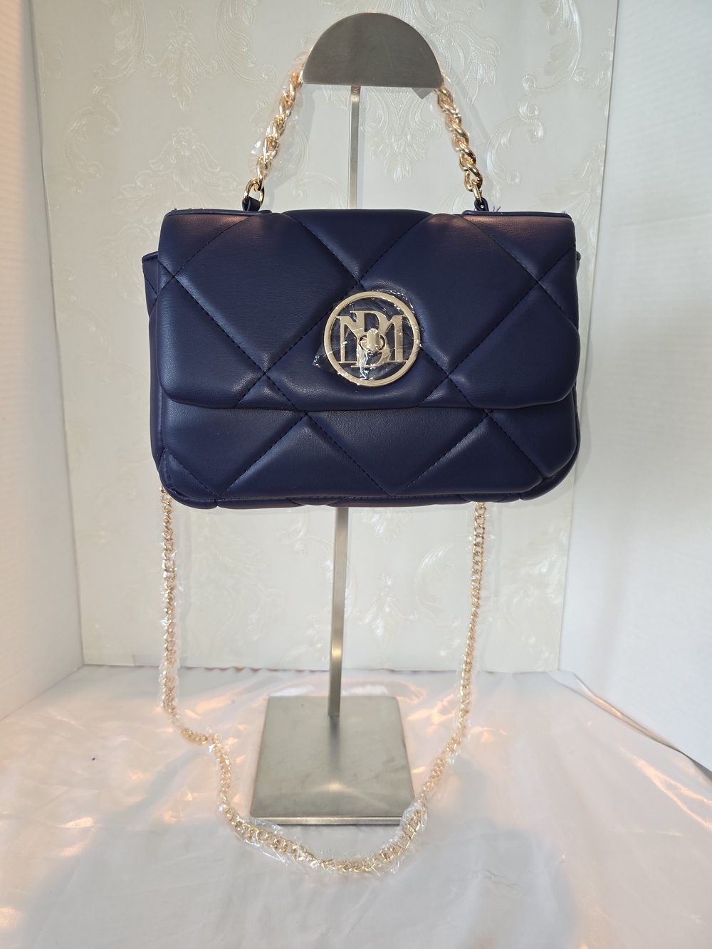 BADGLEY MISCHKA Navy Quilted Chain-Handle Shoulder Bag